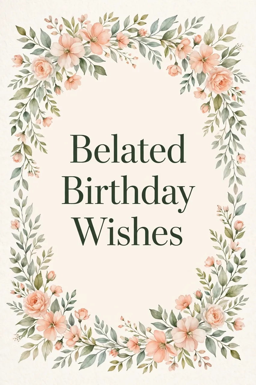 Dark green "Belated Birthday Wishes" text centered inside a soft peach and sage floral frame on a cream background.