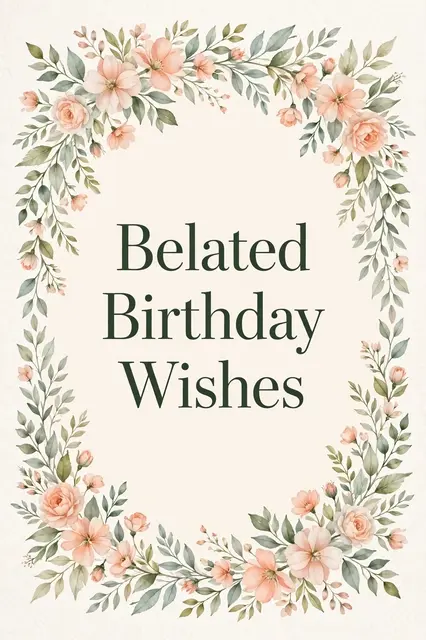 Dark green "Belated Birthday Wishes" text centered inside a soft peach and sage floral frame on a cream background.