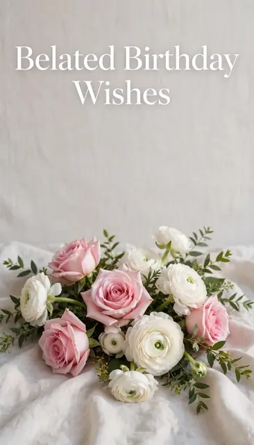 "Belated Birthday Wishes" text above a bouquet of pink roses and white ranunculus resting on pale linen