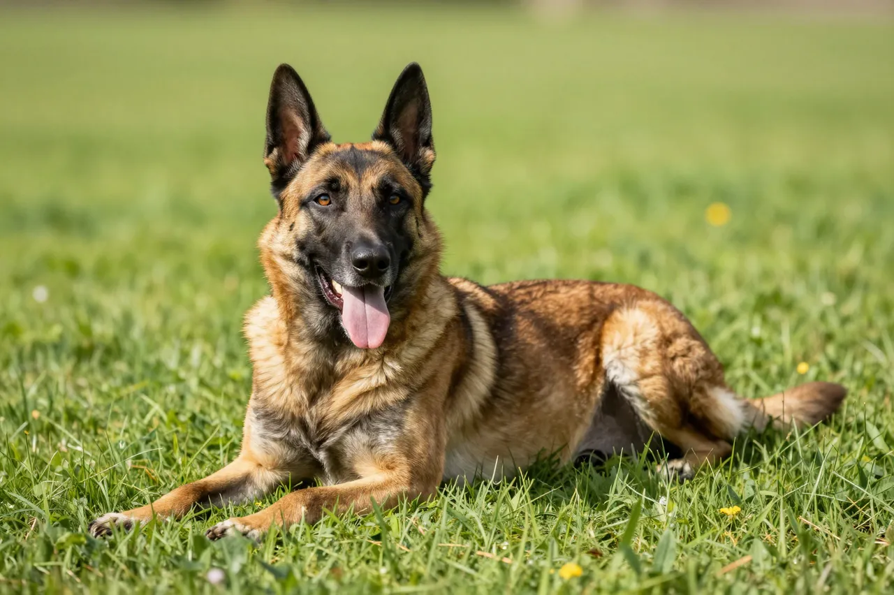 A panting Belgian Malinois rests calmly on green grass in bright sunlight.