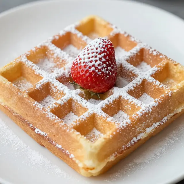 A golden square Belgian waffle dusted with powdered sugar topped with a whole strawberry on a white plate