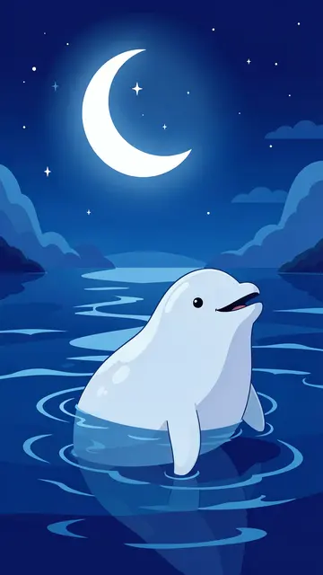 A cute illustrated beluga whale rises from calm moonlit bay water under a glowing crescent night sky.