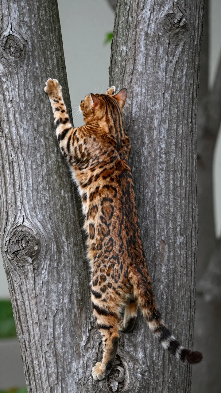 A rosetted golden Bengal cat climbs vertically between two textured tree trunks, facing upward away from the camera.