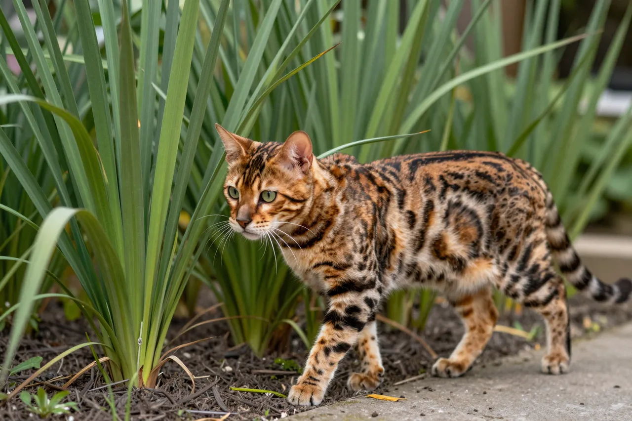 A rosette patterned bengal cat walks along a garden path beside tall green ornamental plants