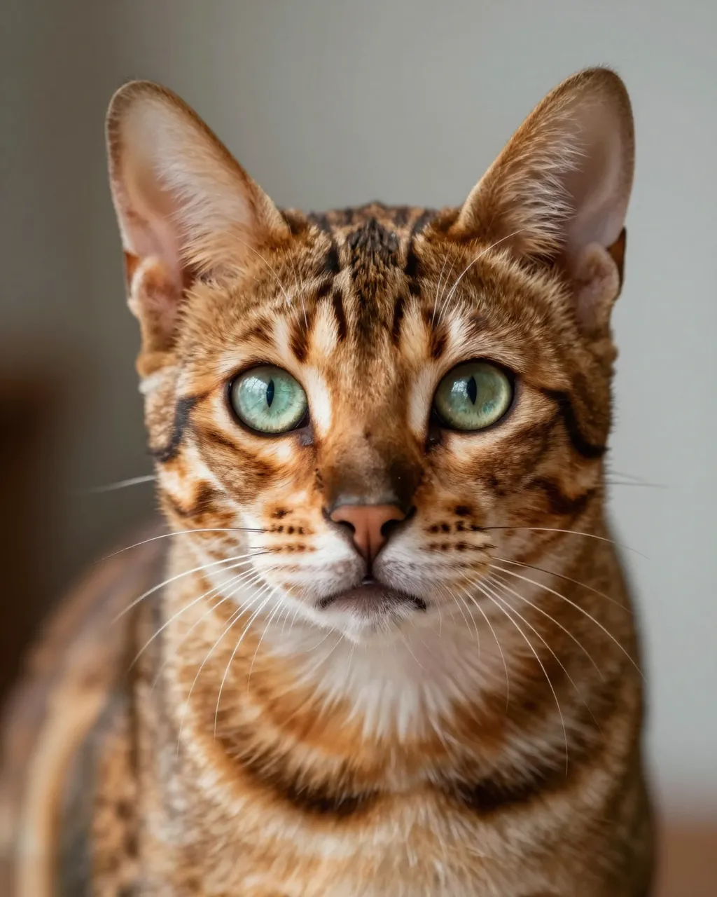 Close-up portrait of a Bengal cat with vivid green eyes facing the camera directly
