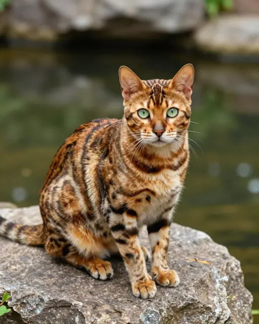 A Bengal cat with a patterned golden coat and bright green eyes sits on a rock beside a garden pond.