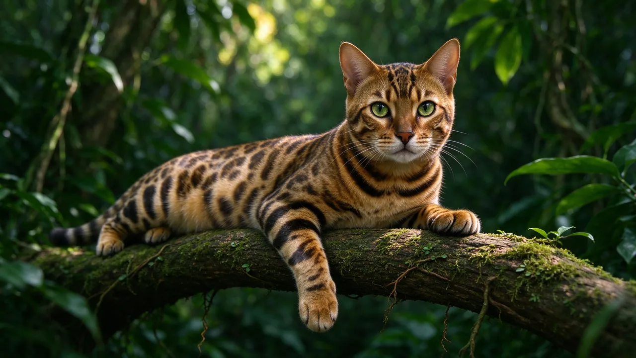 A spotted golden Bengal cat rests stretched on a mossy branch facing the camera against blurred green jungle foliage.