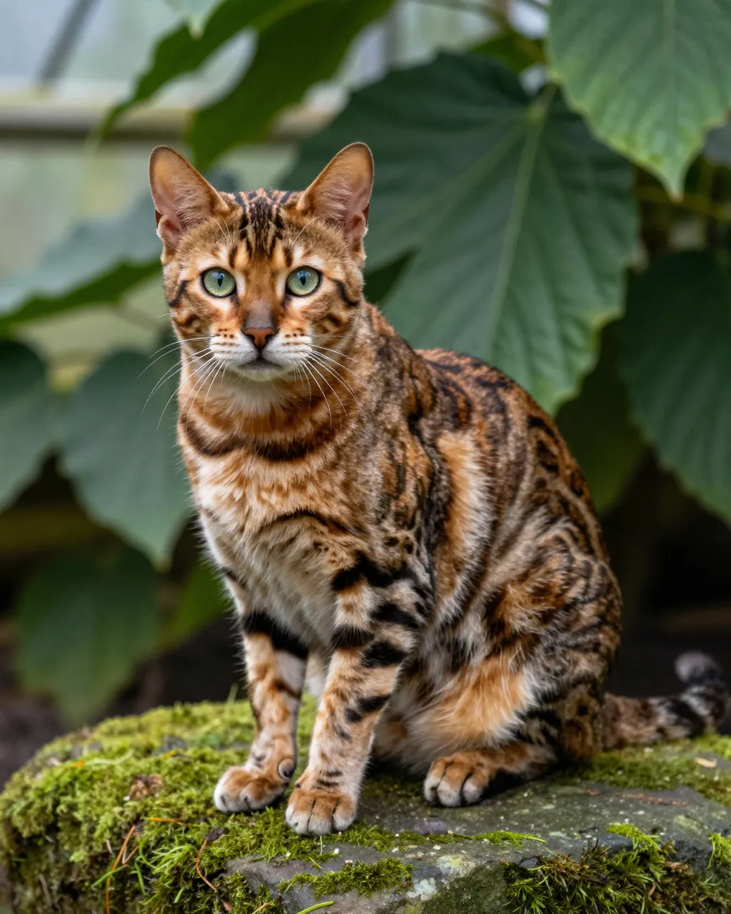 A rosetted Bengal cat with green eyes sits upright on mossy stone in a leafy greenhouse