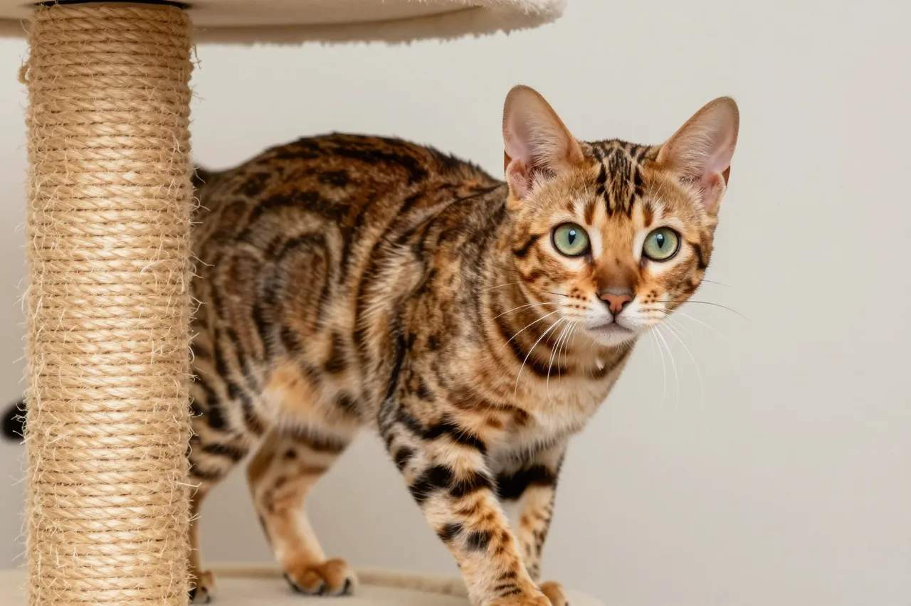 Alert spotted Bengal cat with green eyes stands on a cat tree next to a sisal scratching post