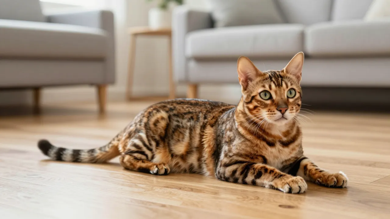 A marbled Bengal cat rests with front legs extended on a light wooden floor in a bright modern living room.