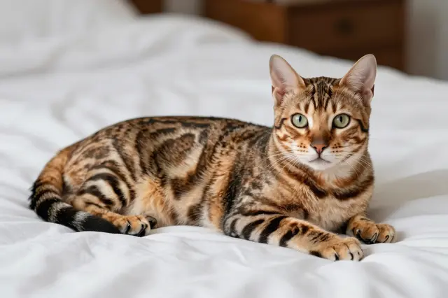 A striped domestic Bengal cat lies relaxed on a soft white bed blanket, looking directly at the camera.