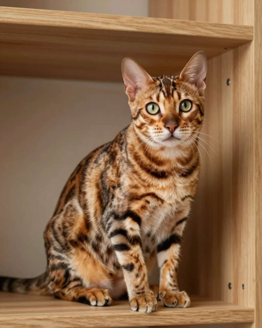 A spotted Bengal cat sits upright on a light wooden shelf looking directly at the camera.