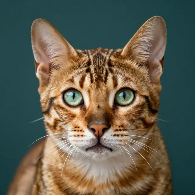 Close-up head portrait of a rosetted gold Bengal cat with green eyes against a dark teal backdrop