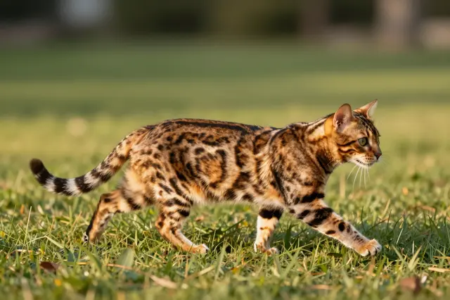 Side view of a spotted tawny Bengal cat stalking across sunlit grass in warm golden light
