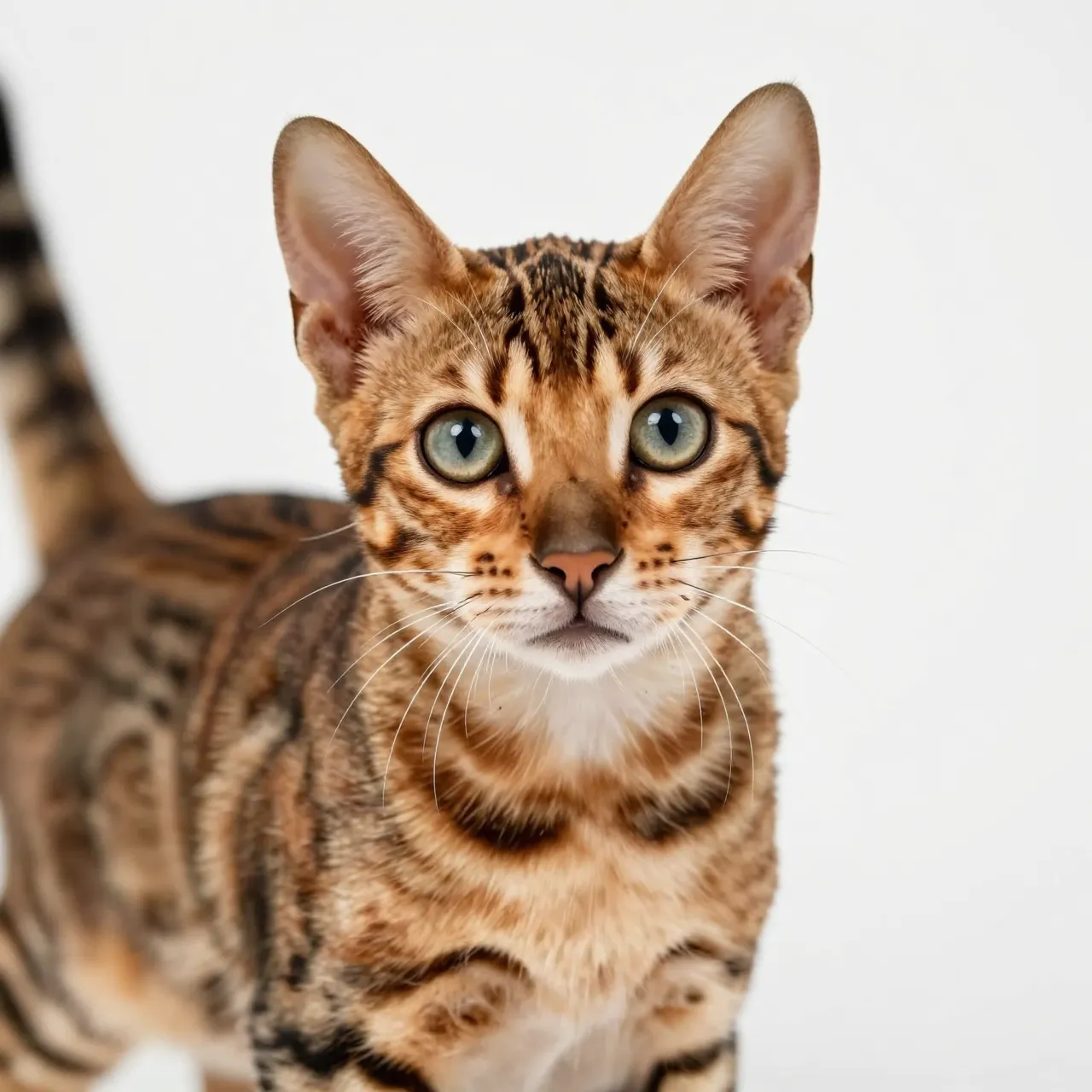 A close-up portrait of a Bengal kitten with large wide eyes looking directly at the camera against a plain white background