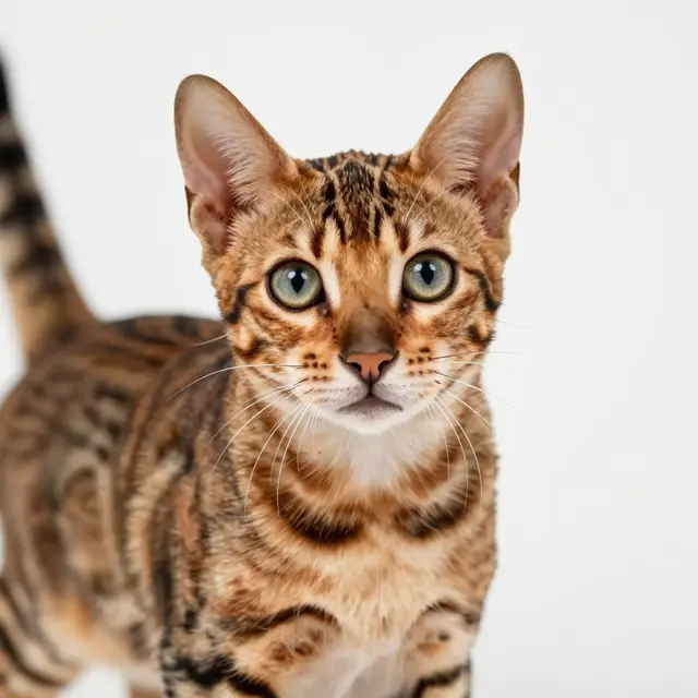 A close-up portrait of a Bengal kitten with large wide eyes looking directly at the camera against a plain white background