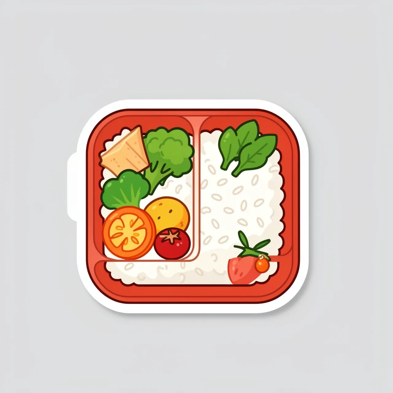 Cute flat illustration die cut sticker of a bento box with rice, vegetables and a thick white border on a light gray