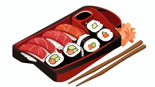 Flat vector illustration of a bento box with nigiri, maki rolls, pickled ginger and wooden chopsticks on a plain white
