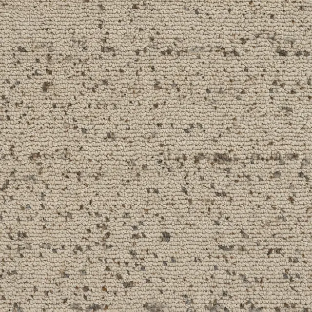 Full frame top view of a beige looped wool berber carpet flecked with brown and gray