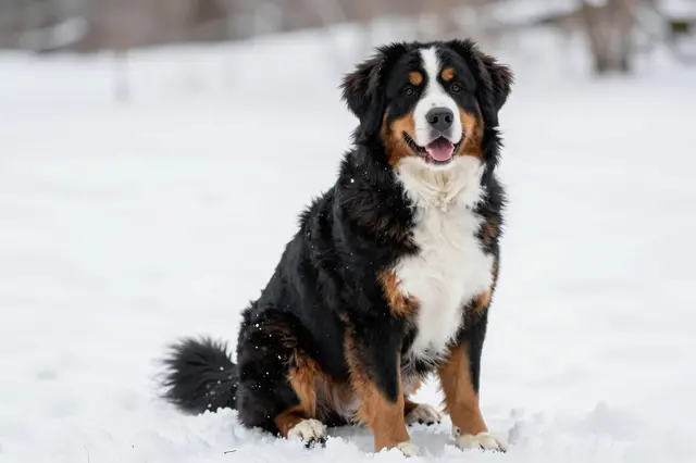 A fluffy tricolor bernedoodle sits calmly on fresh white snow looking toward the camera