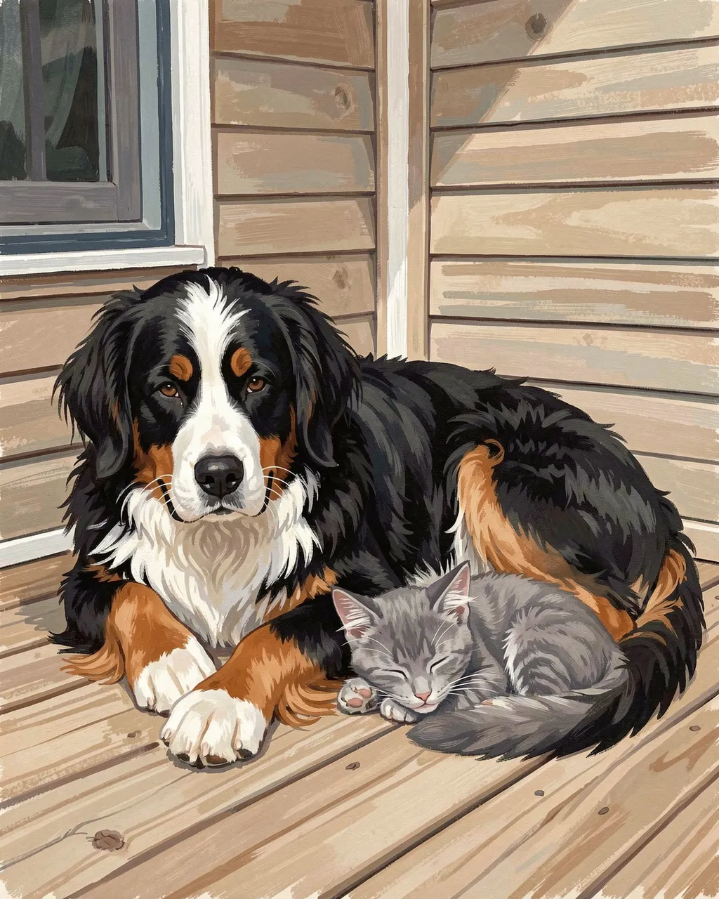 A Bernese Mountain Dog rests beside a sleeping gray tabby kitten on a wooden home porch