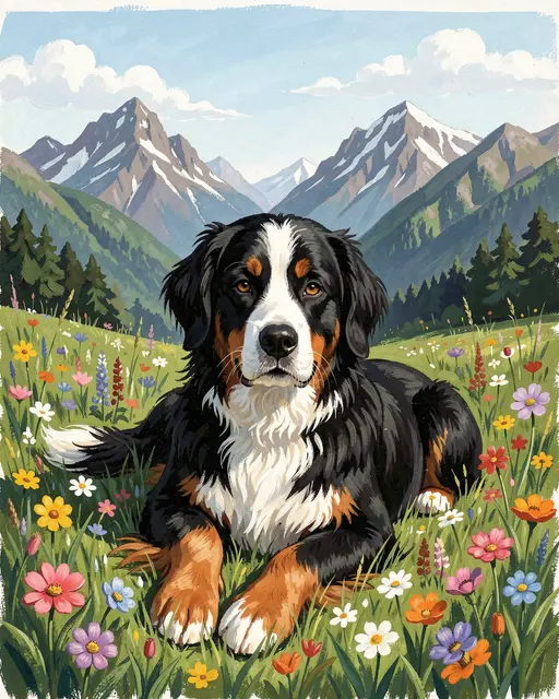 A Bernese Mountain Dog rests in a colorful wildflower meadow with snow-capped alpine mountains in the background