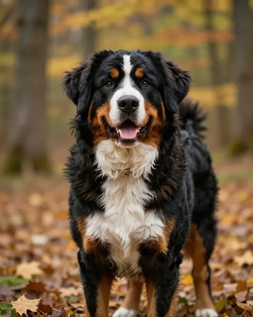 A fluffy bernese mountain dog stands facing the camera in an autumn leaf-covered forest