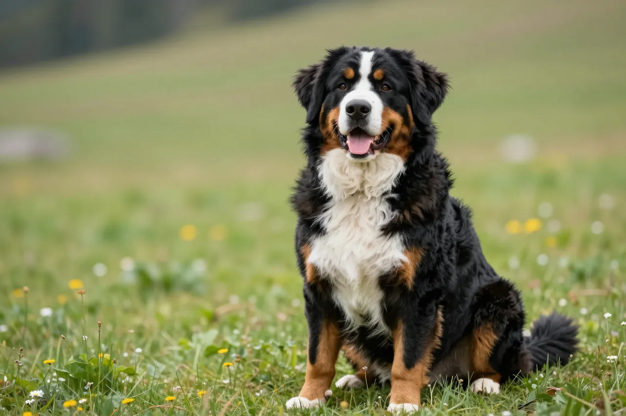 A friendly tricolor bernese mountain dog sits calmly in a sunlit alpine wildflower meadow