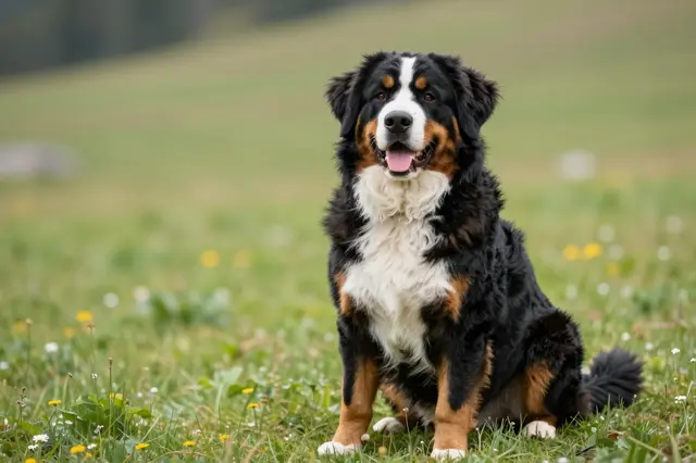A friendly tricolor bernese mountain dog sits calmly in a sunlit alpine wildflower meadow