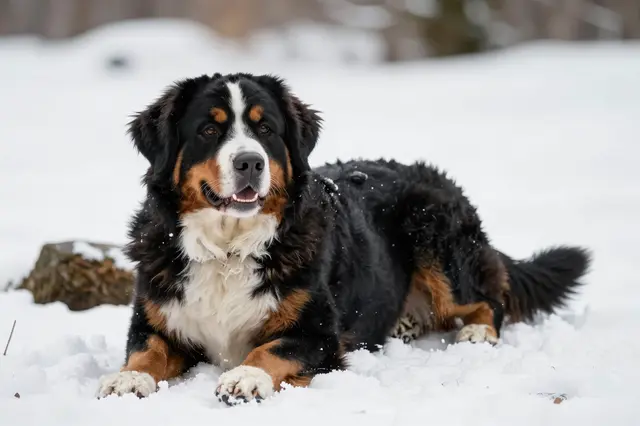 A fluffy tricolor bernese mountain dog lies calmly on fresh white winter snow