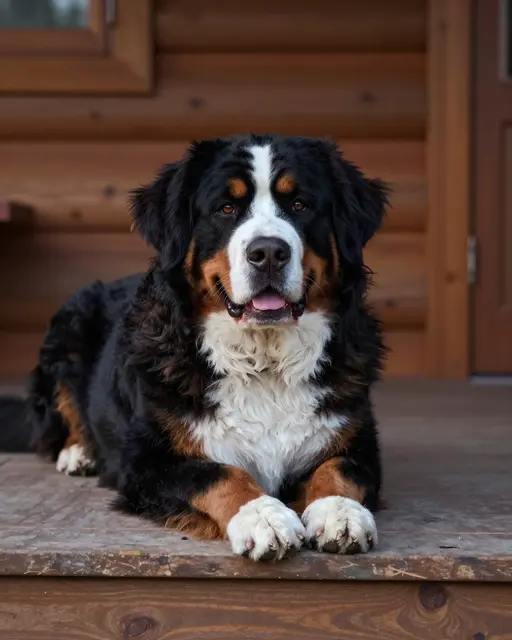 A fluffy Bernese Mountain Dog lies resting on a weathered wooden cabin porch looking at the camera