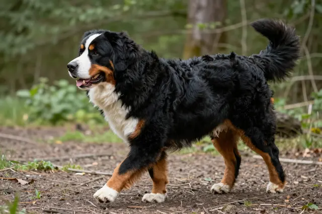 A side view of a tricolor Bernese Mountain Dog walking along a dirt forest path