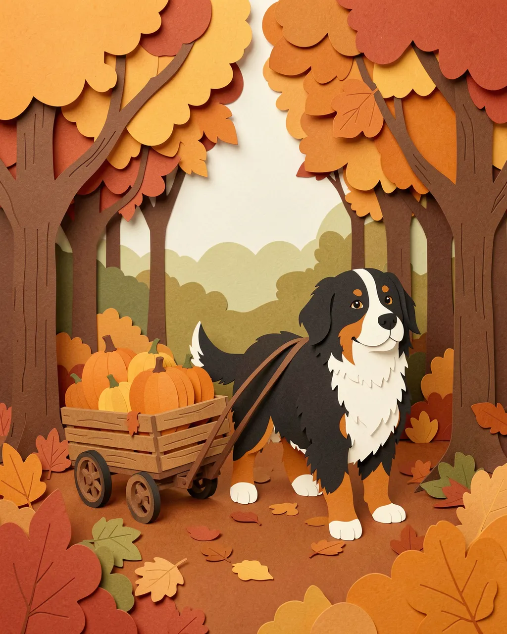 Layered paper cut illustration of a bernese mountain dog pulling a wooden cart of pumpkins through autumn woods