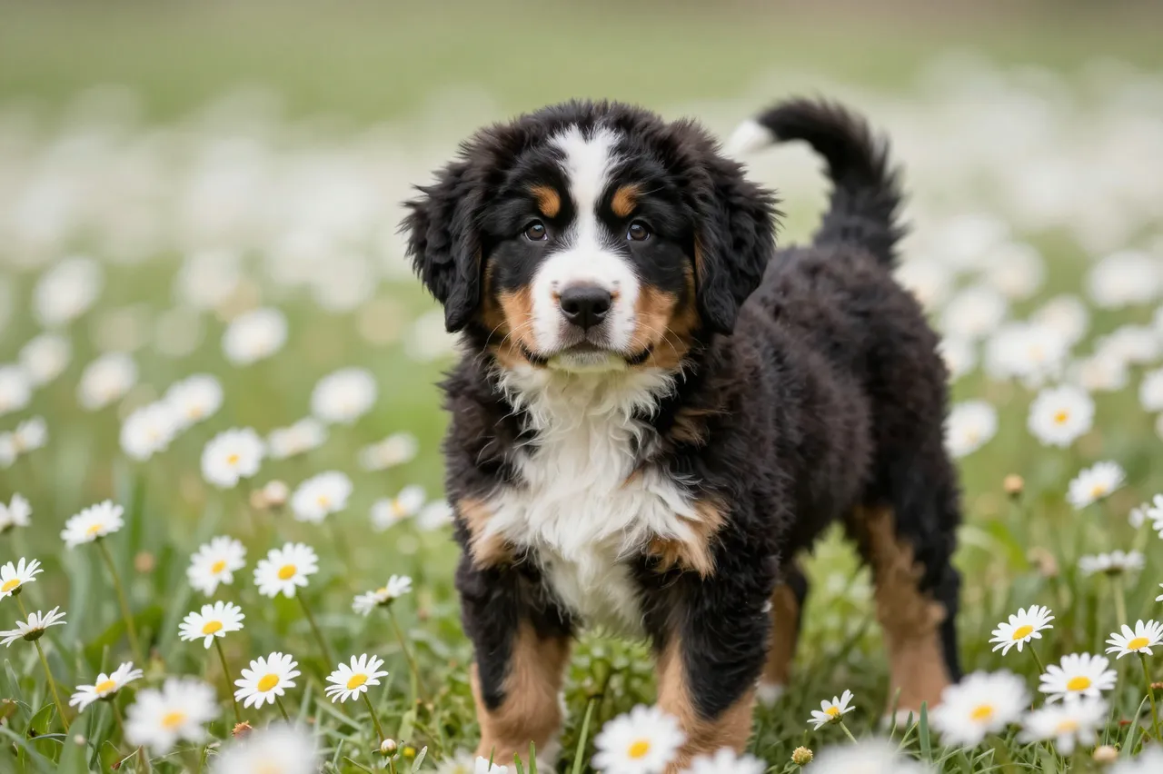 A fluffy Bernese mountain dog puppy stands facing the camera in a sunlit field of white daisies.