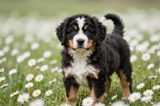 A fluffy Bernese mountain dog puppy stands facing the camera in a sunlit field of white daisies.