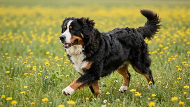 A fluffy Bernese Mountain Dog trots through a sunlit field of yellow wildflowers.