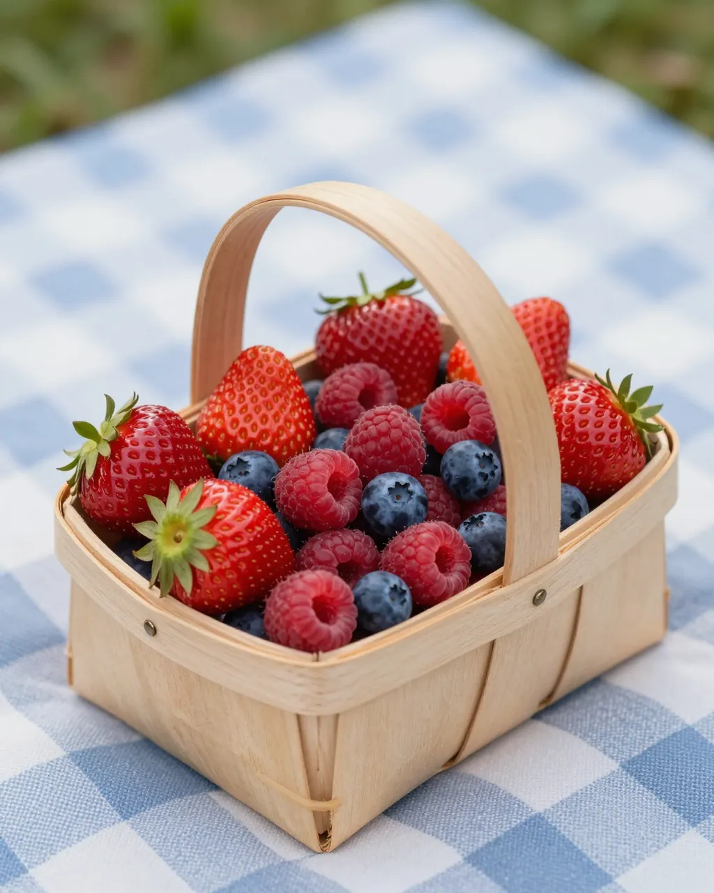 A wooden trug basket overflowing with fresh mixed berries sits on a blue and white gingham picnic blanket outdoors.