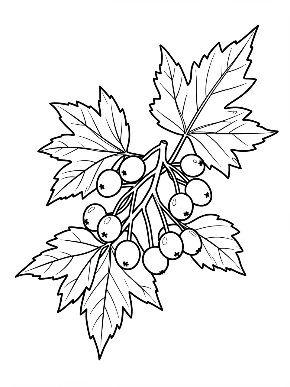 Bold black line art of a berry branch with leaves on a plain white background
