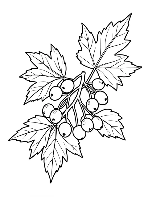 Bold black line art of a berry branch with leaves on a plain white background