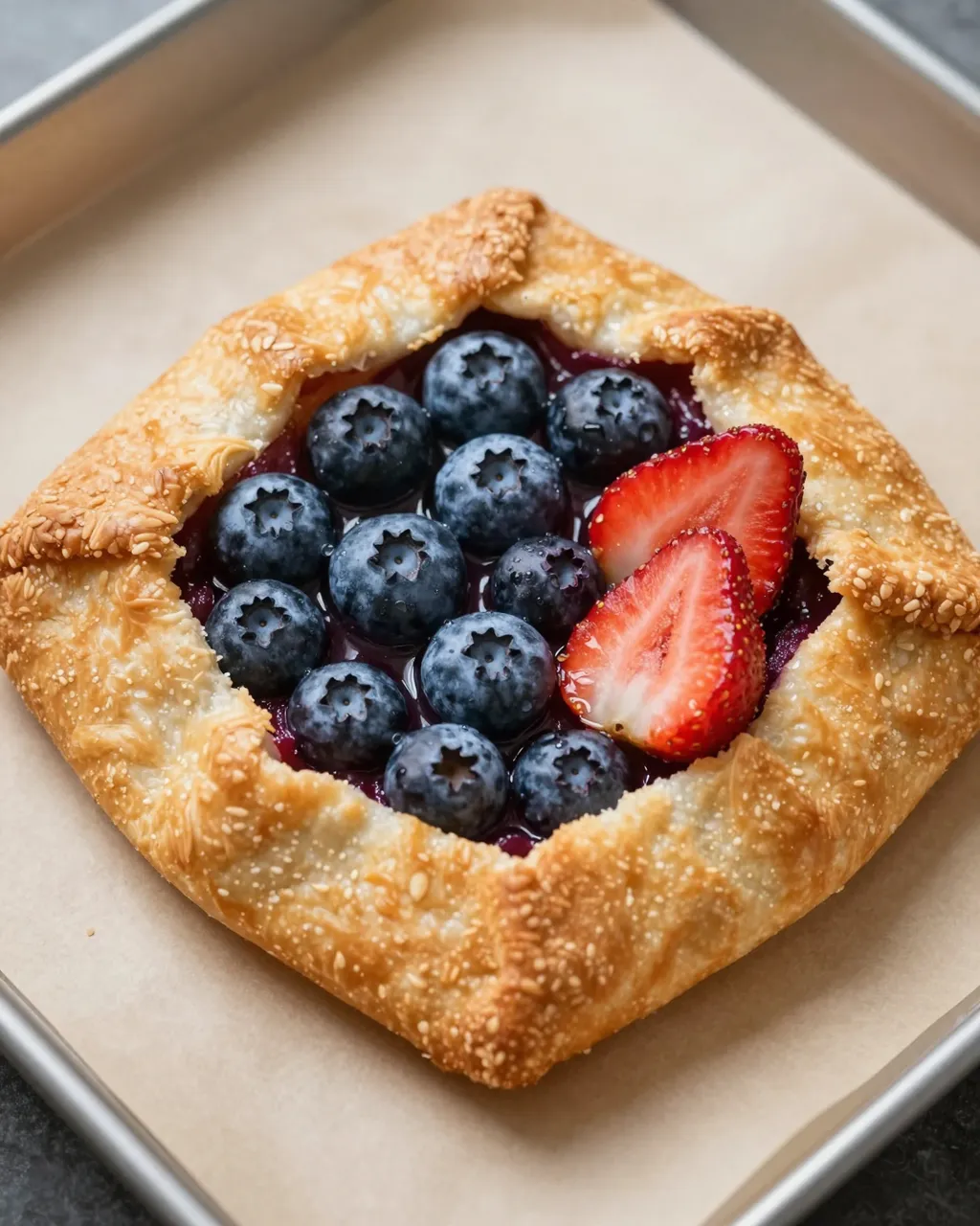 A golden crust berry galette topped with blueberries and sliced strawberry rests on parchment in a metal baking tray.