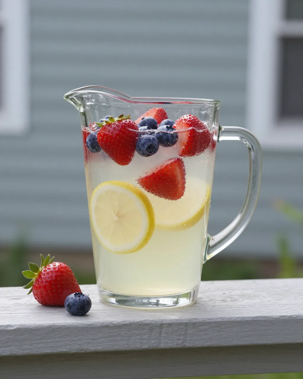 A glass pitcher of lemonade with strawberries, blueberries and lemon slices sits on a wooden porch rail beside loose fresh