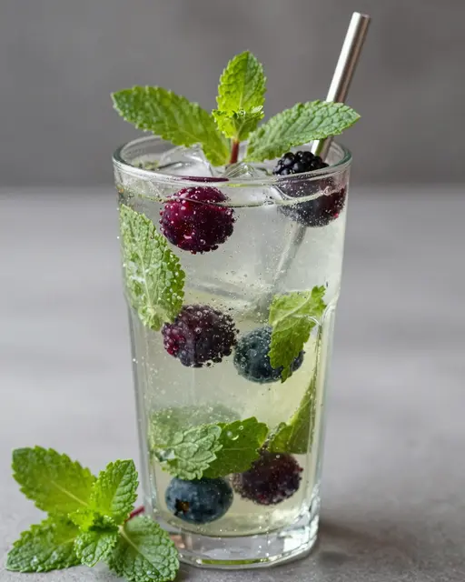 Tall glass of sparkling berry virgin mojito with mint, ice, berries and a metal straw on a gray surface