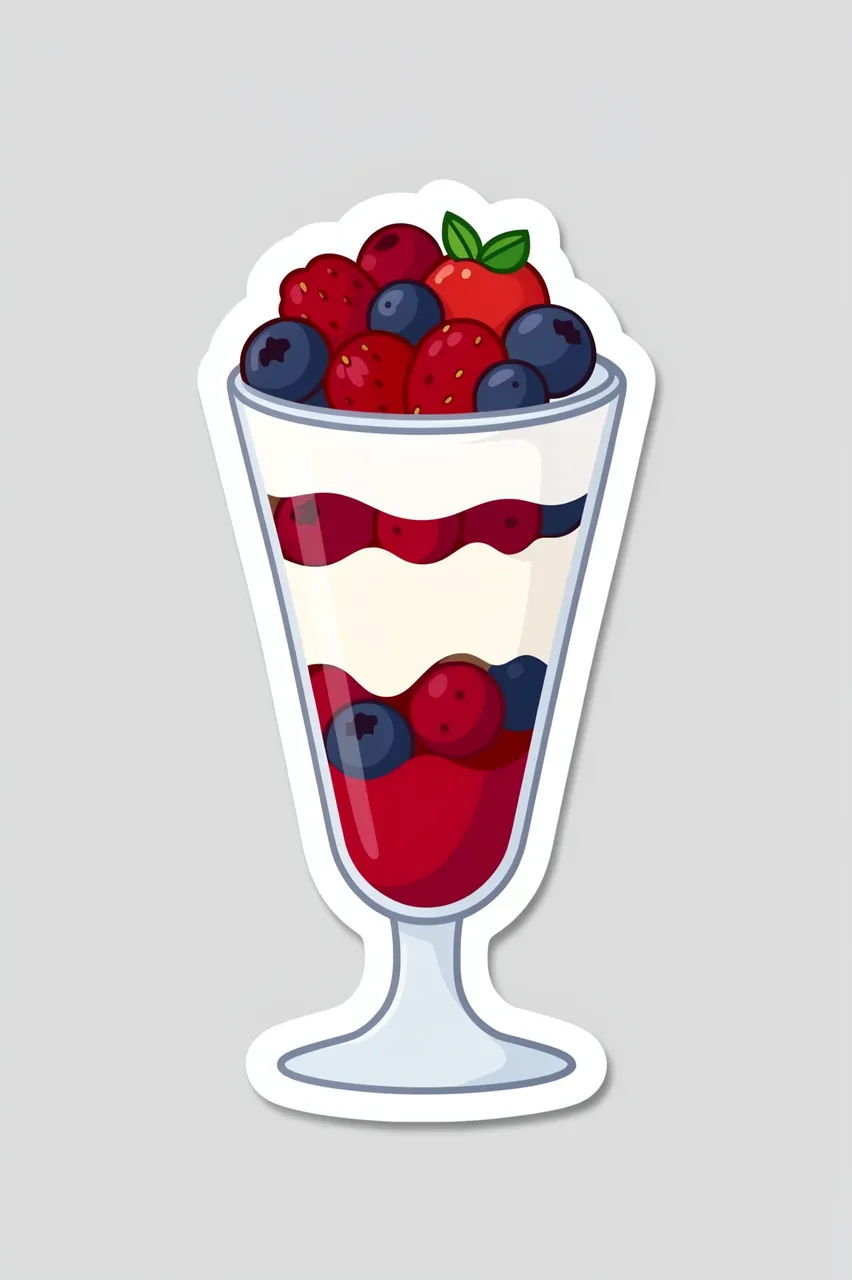 Die-cut sticker of a layered berry parfait in a tall glass on a light gray background