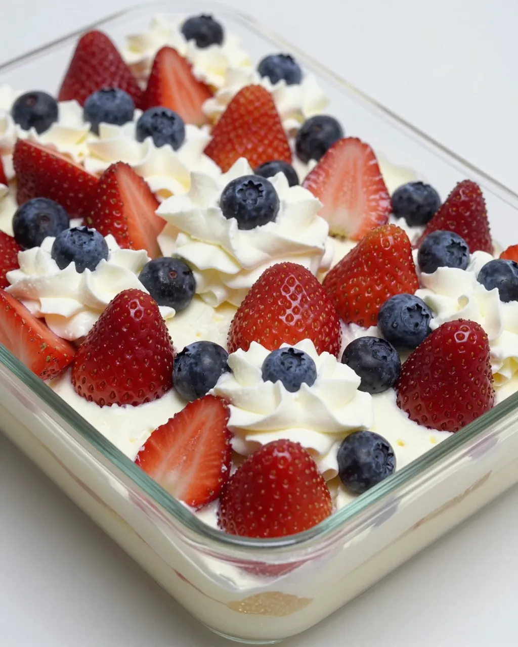 Layered berry shortcake topped with strawberries, blueberries and whipped cream in a clear glass baking dish