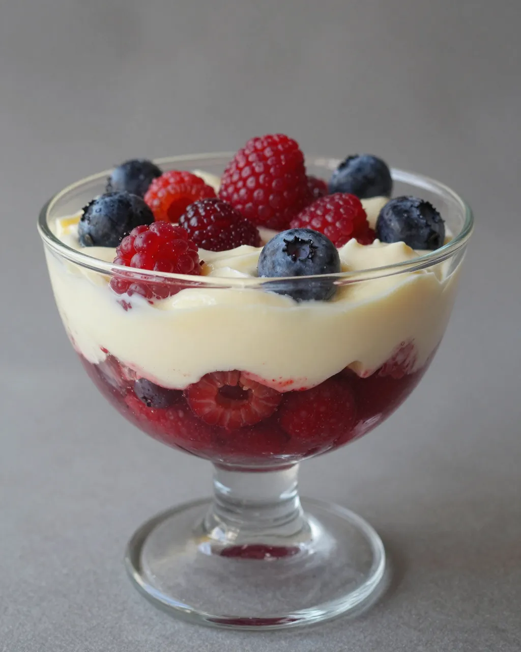 Layered berry custard dessert topped with fresh raspberries and blueberries in a stemmed glass dish