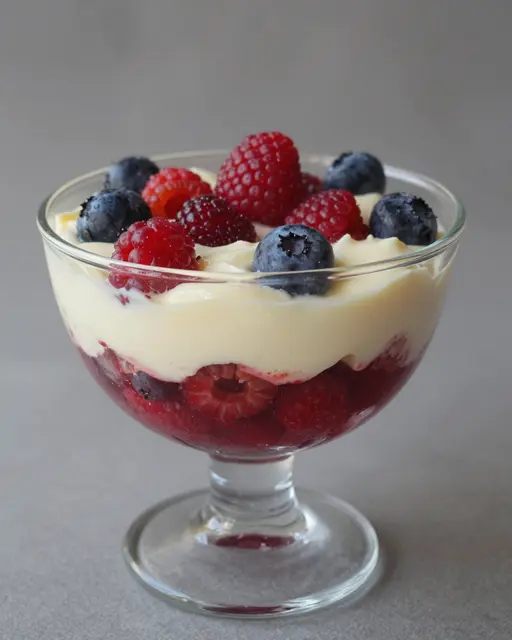 Layered berry custard dessert topped with fresh raspberries and blueberries in a stemmed glass dish