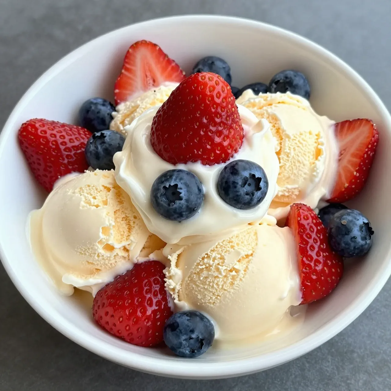 Top view of a white bowl holding vanilla ice cream topped with fresh strawberries and blueberries on a gray countertop