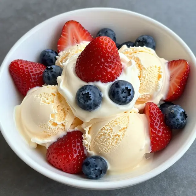 Top view of a white bowl holding vanilla ice cream topped with fresh strawberries and blueberries on a gray countertop
