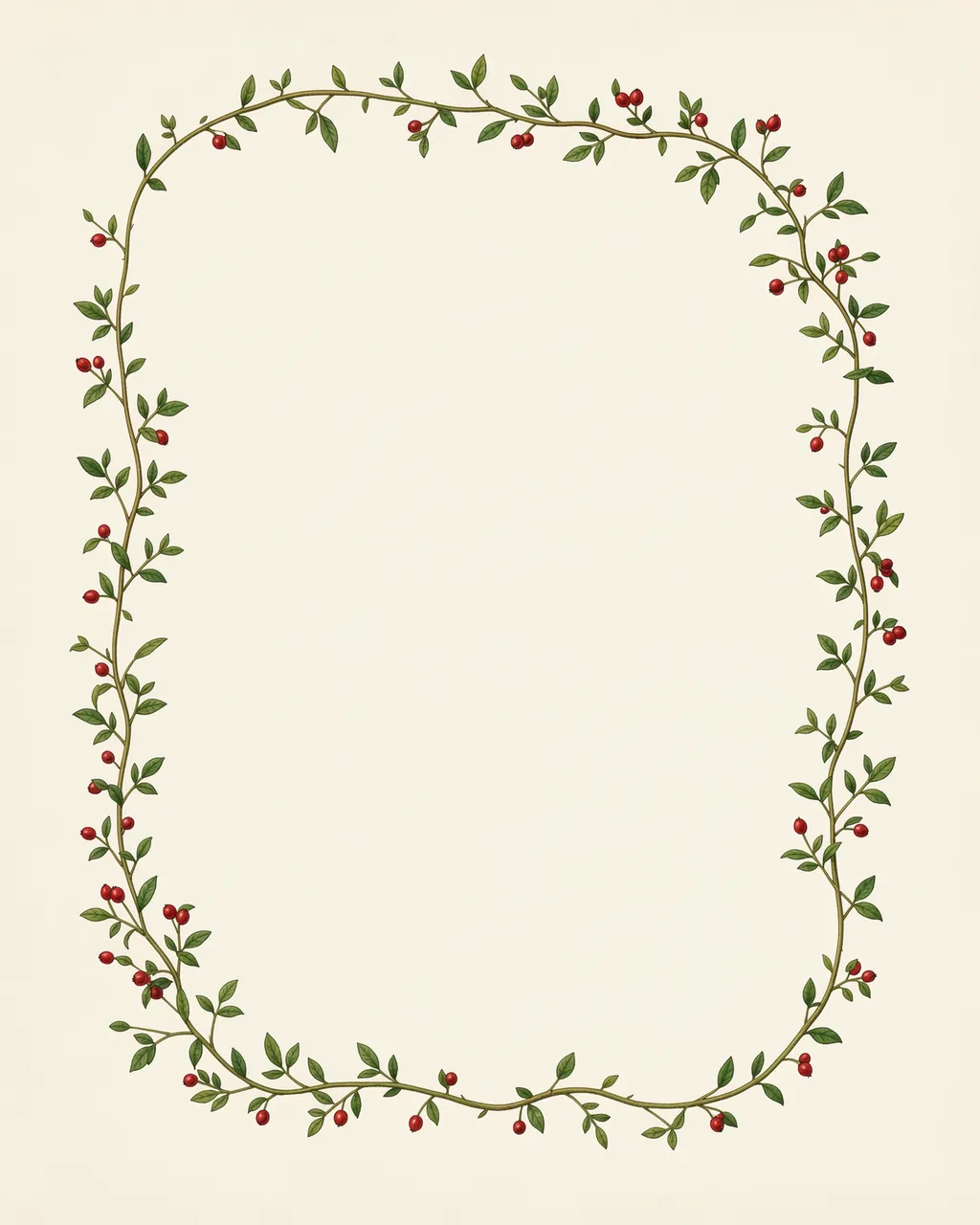 A delicate curved vine frame with tiny green leaves and red berries surrounds empty cream copy space