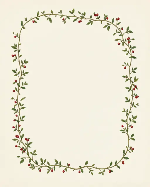 A delicate curved vine frame with tiny green leaves and red berries surrounds empty cream copy space